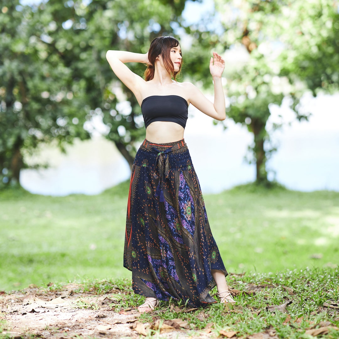 Dark Blue Rayon Maxi Skirt: Bohemian Hippie Style, Plus Size