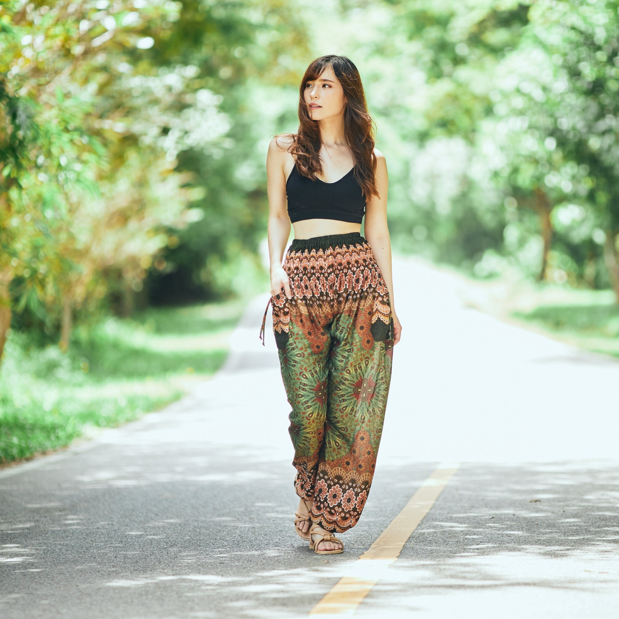 Hippie Pants Green Harem Pants Women Smocked Waist Flowy - Etsy