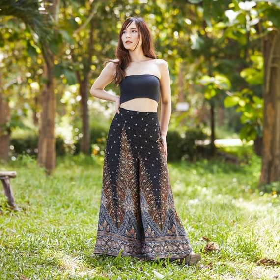 WOMEN BLACK PEACOCK Palazzo Pants Petite to Plus Size's Hippie Style Clothes  Wide Leg Pants boho Pants Comfy Summer Thai Yoga Pants -  Hong Kong