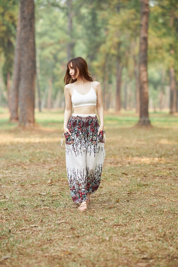 White Boho Pants for Women Flowy Harem Pants Summer Clothes Yoga