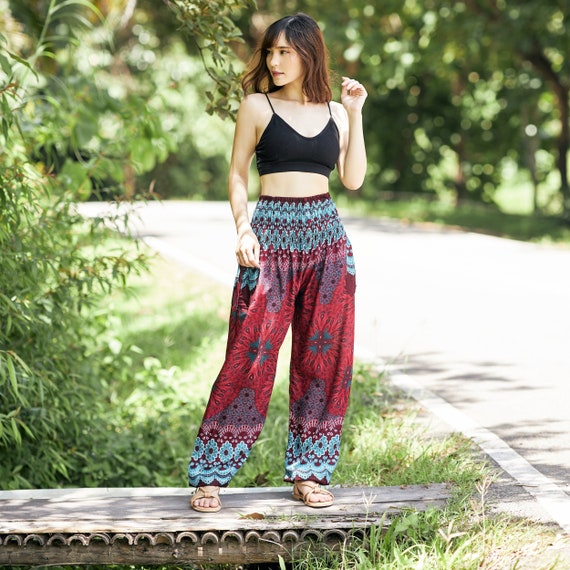 RED FLOWER MANDALA Harem Pants for Women Flowy Smocked Waist - Etsy