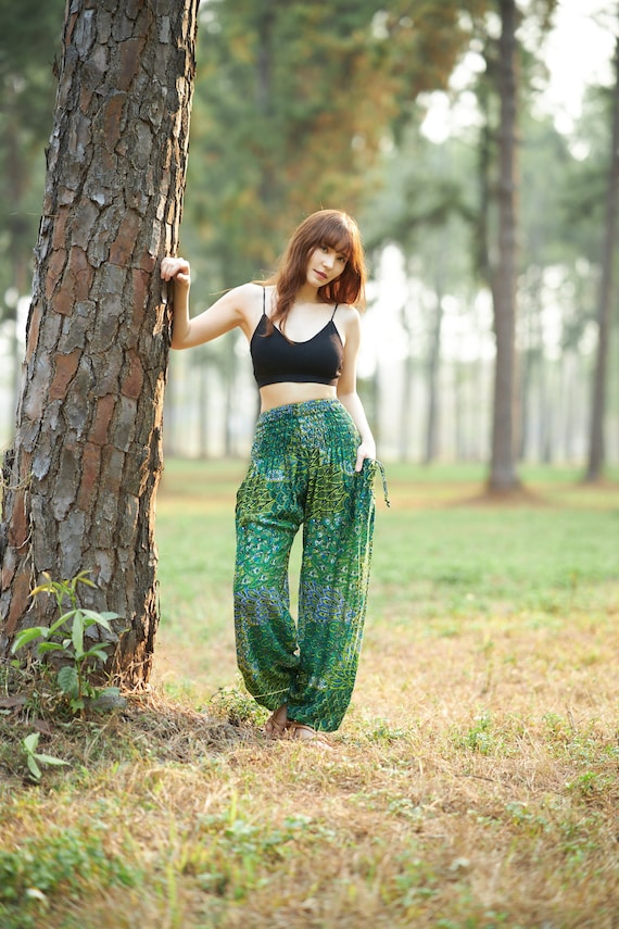 Women's Green Flowy Hippie Pants