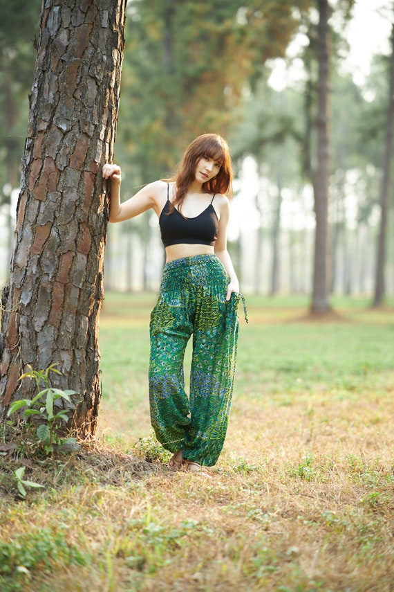 Women's Green Flowy Hippie Pants