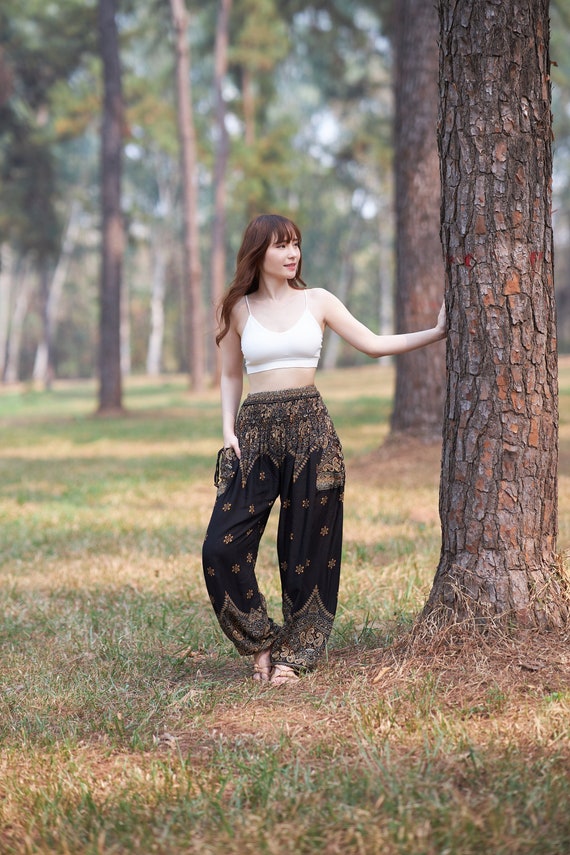 NATURAL BLACK THAI Yoga Pants Plain Harem Pants Comfy Elastic Waist Boho  Hippie Trousers Many Sizes Fit All Great Festival Pants 