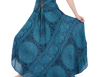 Boho Maxi Skirt Dress: Teal Rose Print Rayon, High Waist