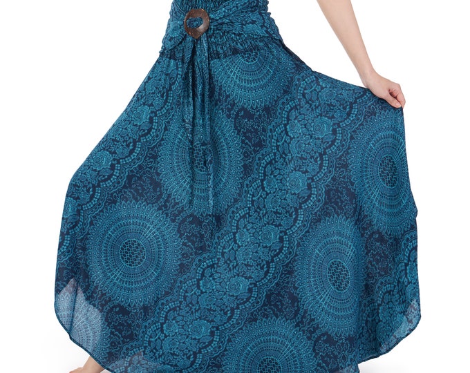 Boho Maxi Skirt Dress: Teal Rose Print Rayon, High Waist