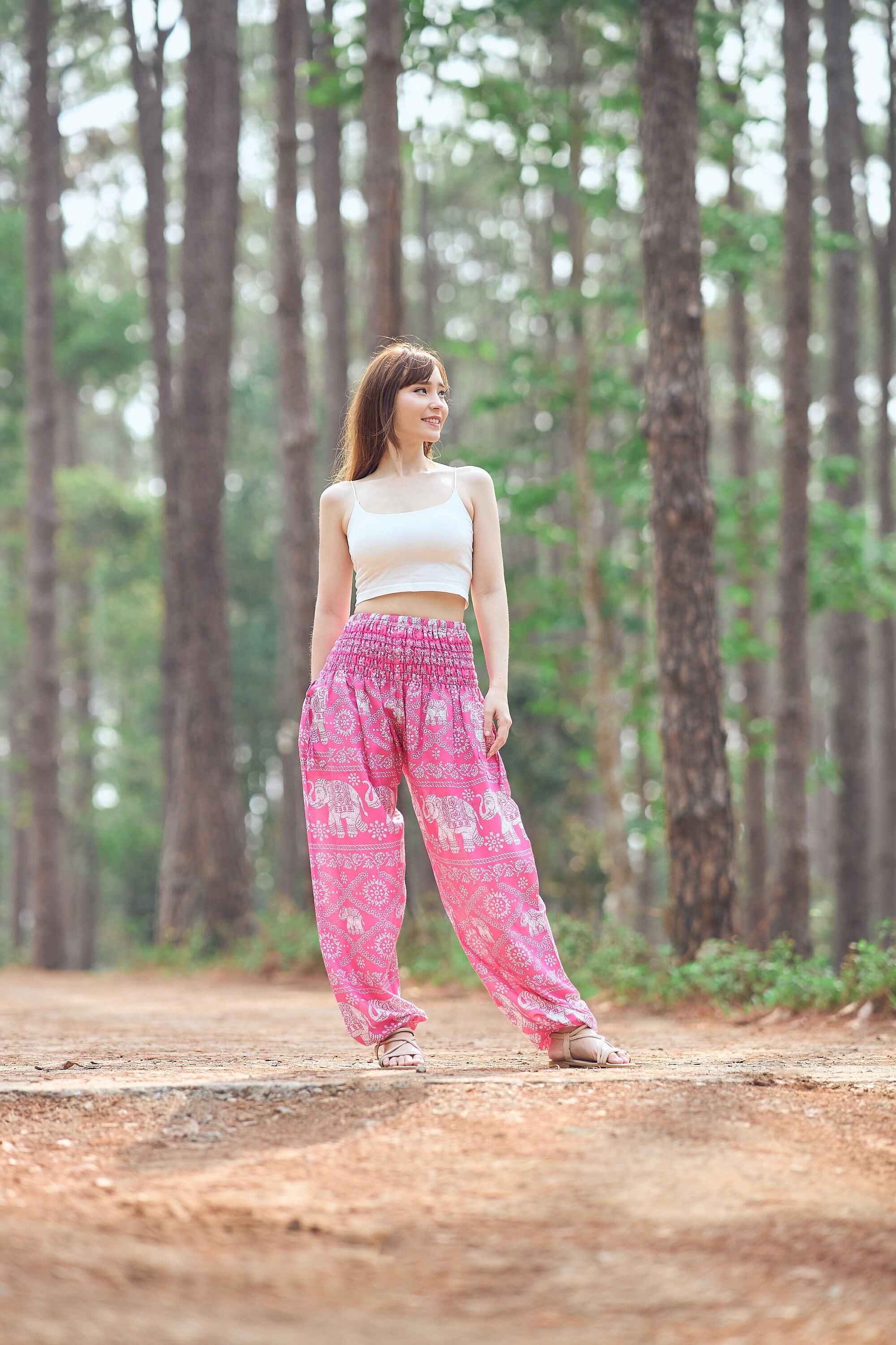 Pink Harem Pants Women Elephant Pants Yoga Boho Clothes with Pockets Comfy Hippie Pant Loungewear Loose Festival Beach Wear
