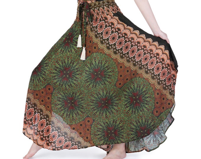 Olive Green Maxi Skirt: Handmade Rayon Boho Skirt with Tassels