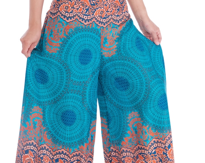 Teal Mandala Rayon Palazzo Pants: Boho Hippie Wide Leg Gauchos