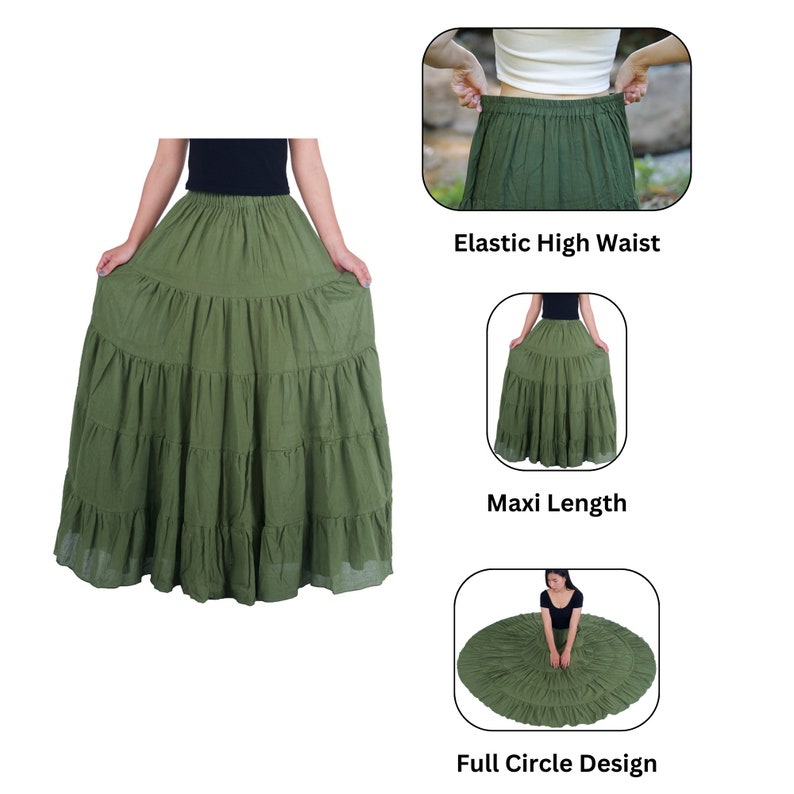 WOMENS GREEN LONG Cotton Ruffle Skirt Full Circle Long Maxi Skirt Comfortable Elastic Waist Bohemian Fall Skirt Flowy Halloween Dress image 6