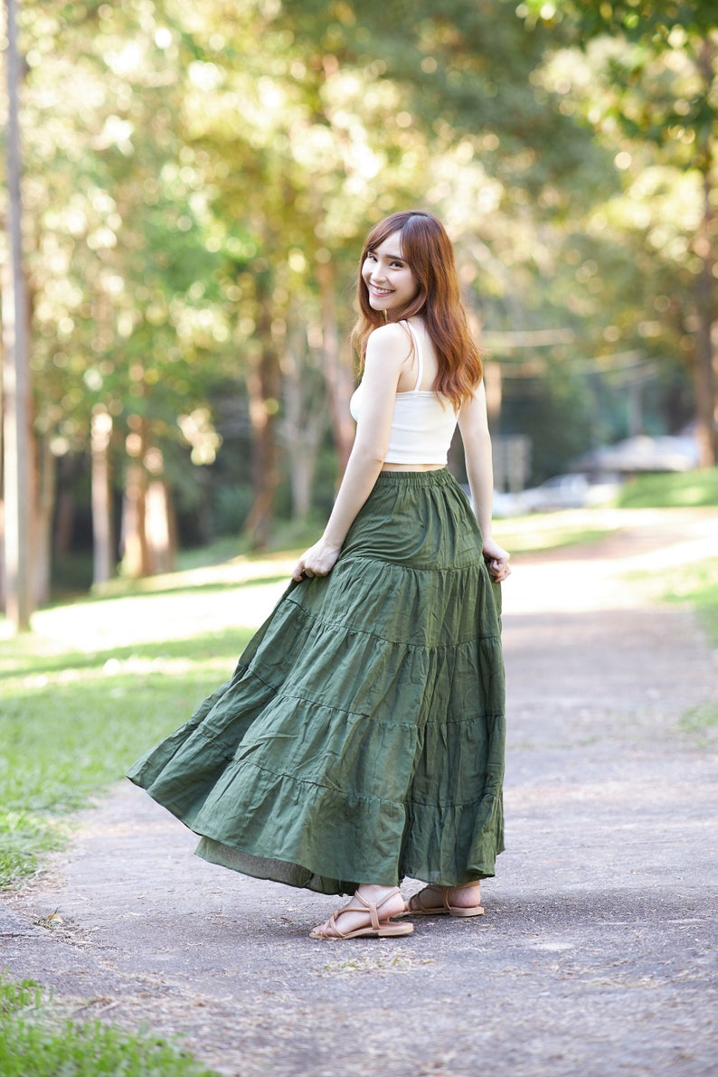 WOMENS GREEN LONG Cotton Ruffle Skirt Full Circle Long Maxi Skirt Comfortable Elastic Waist Bohemian Fall Skirt Flowy Halloween Dress zdjęcie 1