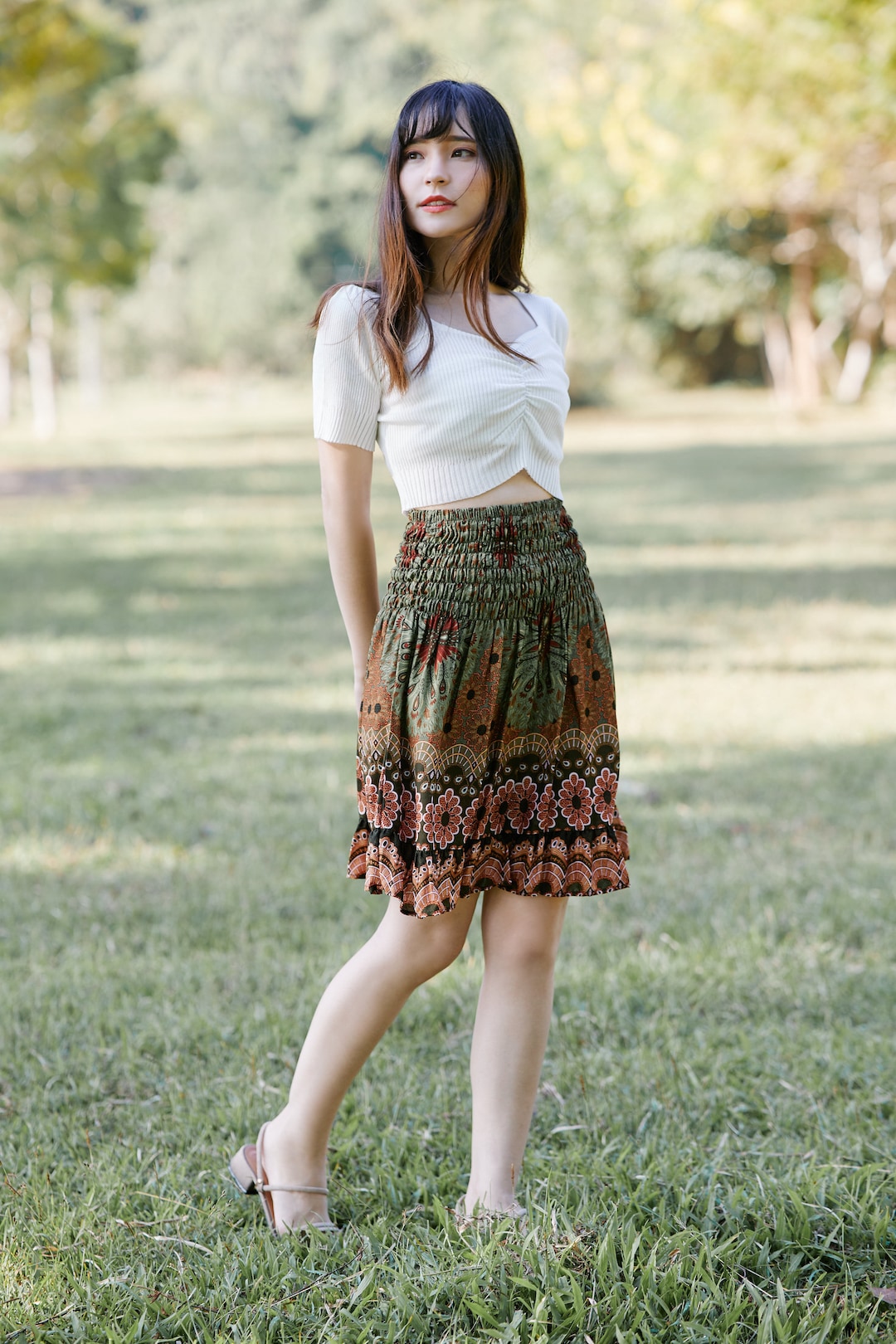 GREEN SHORT HIPPIE Skirt Women Mini Boho Skirt Knee Length