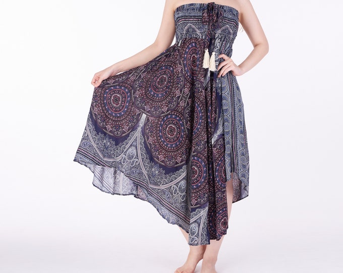 Handmade Dark Blue Rayon Maxi Skirt: Bohemian Hippie Clothes