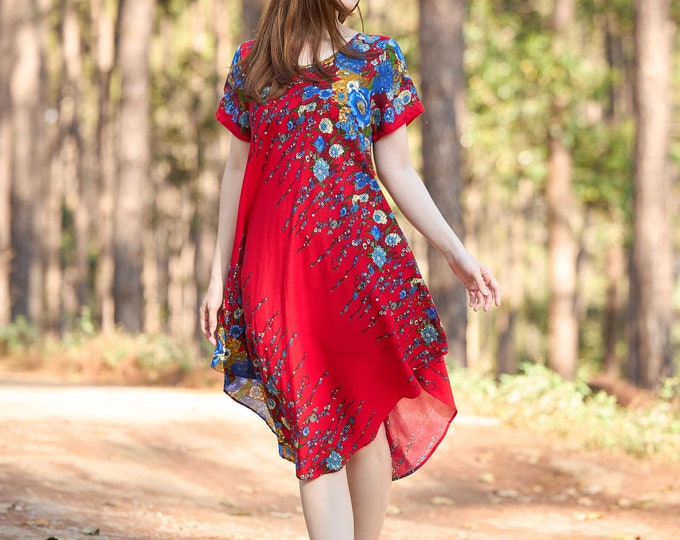 Red Floral Rayon Sundress: Bohemian Festival Dress with Pockets