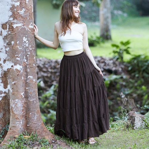 WOMENS BROWN LONG Cotton Ruffle Skirt Full Circle Long Maxi