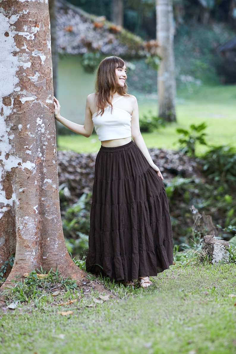 WOMENS BROWN LONG Cotton Ruffle Skirt Full Circle Long Maxi Skirt Comfortable Elastic Waist Bohemian Skirt Flowy Boho Fall Dress image 1