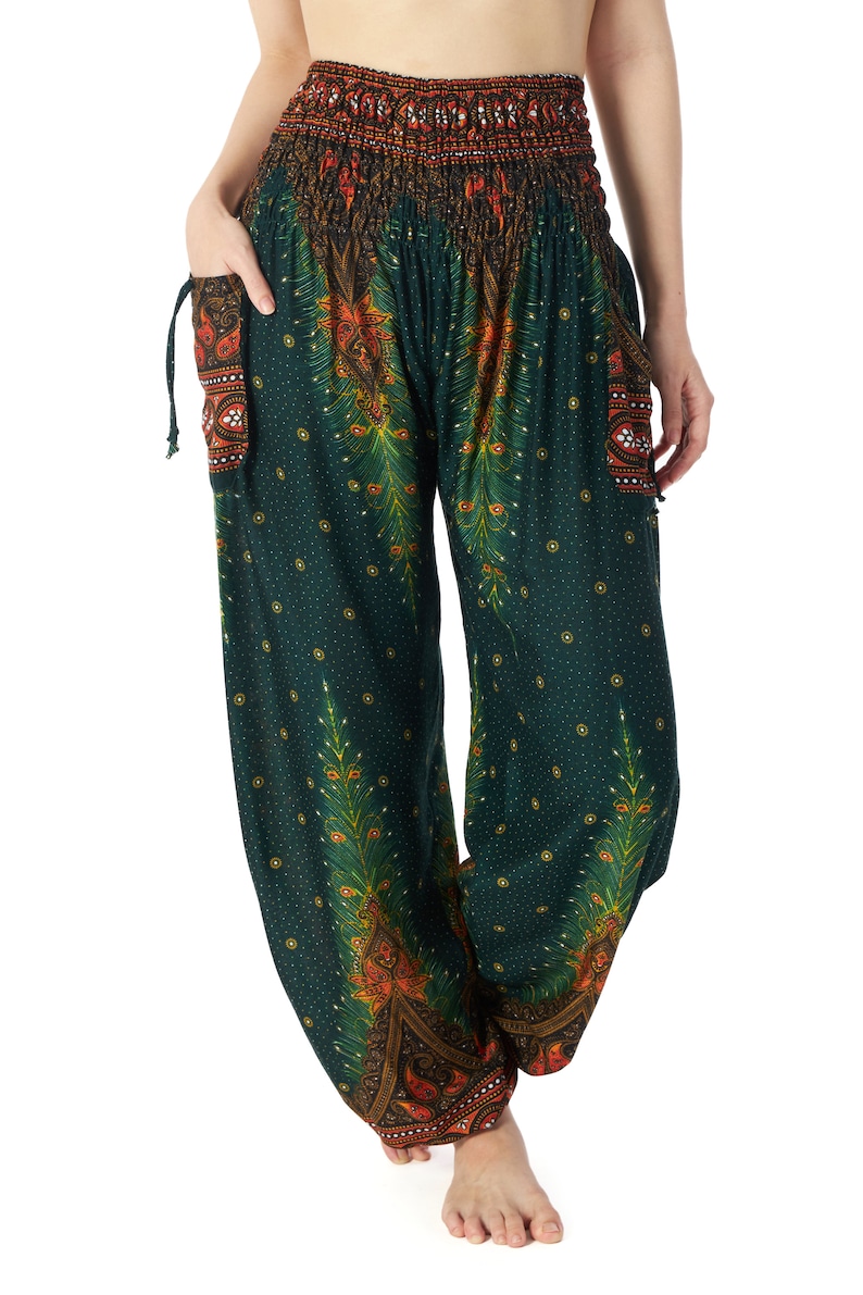 Green Hippie Pants Women Boho Lounge Pants Flowy Harem Trousers Bohemian Hippy Clothes Genie Gypsy Pants Fall Clothing image 2