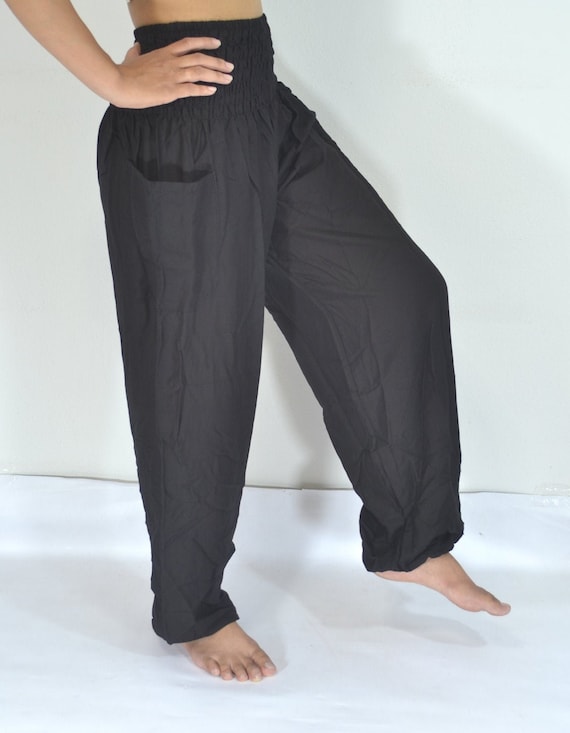 NATURAL BLACK THAI Yoga Pants Plain Harem Pants Comfy Elastic Waist Boho  Hippie Trousers Many Sizes Fit All Great Festival Pants 