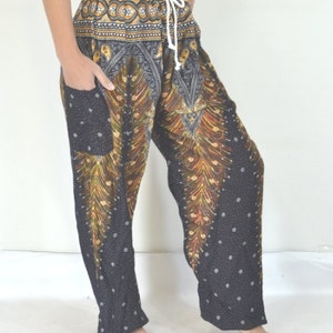 BLACK PRINTED YOGA Pants - Women Men Boho Pants Harem Pants - Peacock Design with Elastic Waist and Ankles - Comfy Thai Joggers