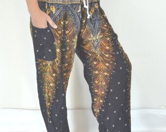 BLACK PRINTED YOGA Pants - Women Men Boho Pants Harem Pants - Peacock Design with Elastic Waist and Ankles - Comfy Thai Joggers