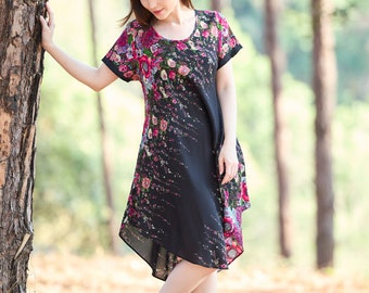 Floral Boho Rayon Sundress with Pockets - Festival Hippie Dress for Summer - Bohemian Short Sleeve Dress with Flowers