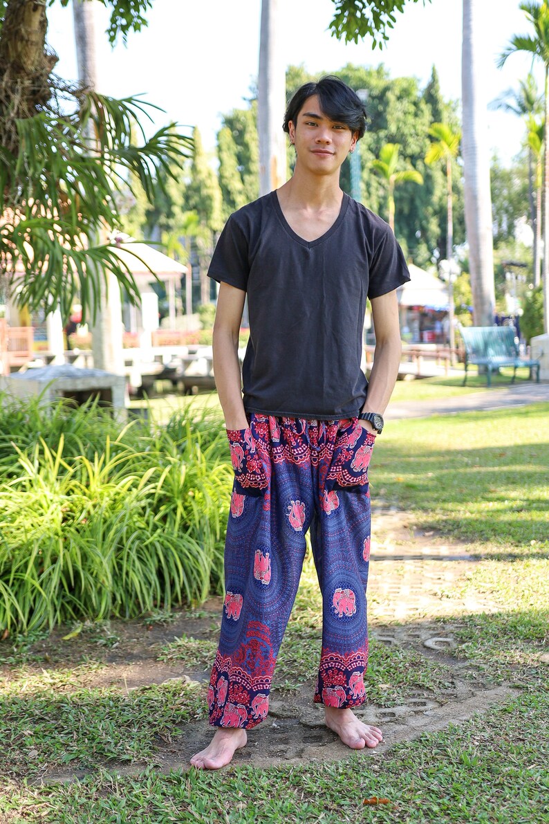 MENS BOHO PANTS Dark Blue Elephant Printed Lounge Pants Etsy
