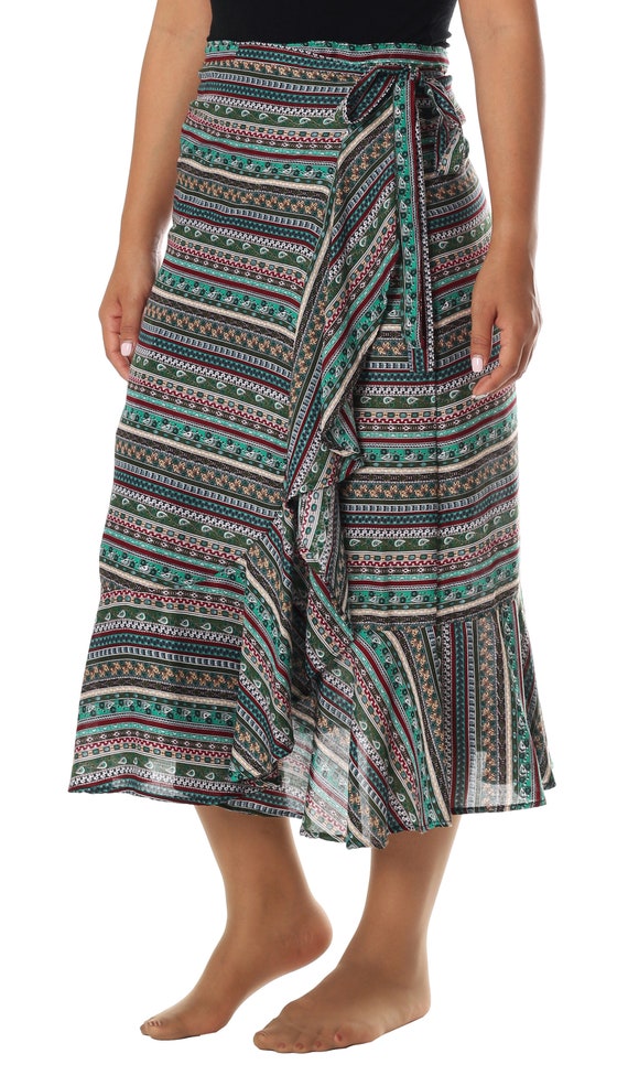 WOMENS BOHO WRAP Skirt High Waist Bohemian Midi Length Clothing Gypsy  Hippie Summer Dress
