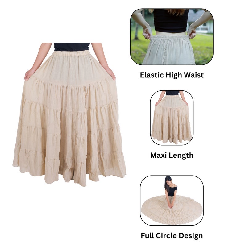 May include: A beige maxi skirt with a full circle design and an elastic high waist.