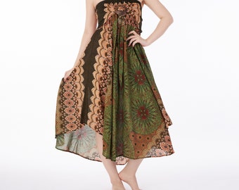 Green Mandala Rayon Maxi Dress: Bohemian Hippie Skirt