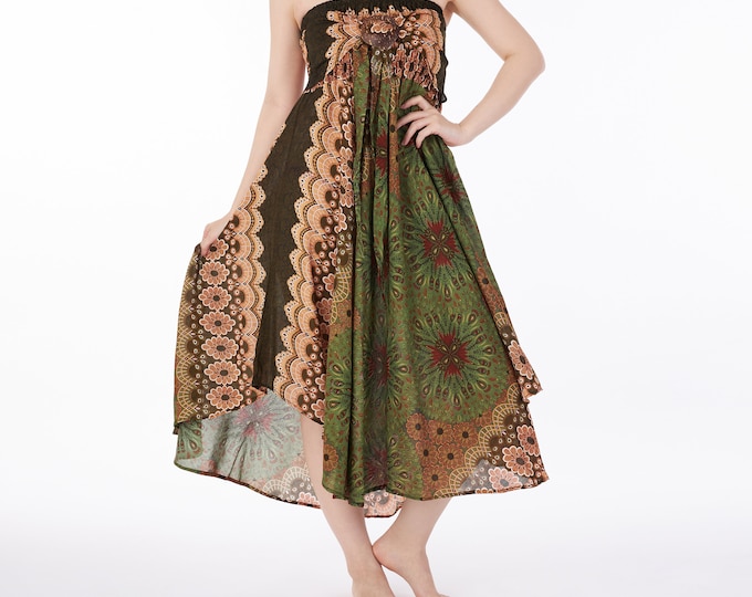 Green Mandala Rayon Maxi Dress: Bohemian Hippie Skirt