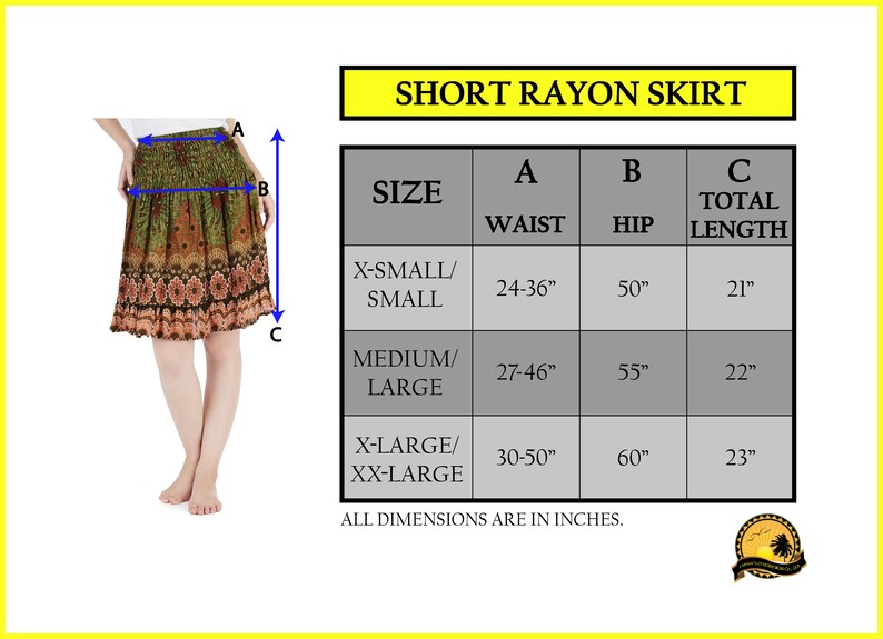 K&ouml;nnte beinhalten: Gr&ouml;&szlig;entabelle f&uuml;r einen kurzen Rock aus Rayon mit Ma&szlig;en in Zoll f&uuml;r Taille, H&uuml;fte und Gesamtl&auml;nge. Der Rock ist in den Gr&ouml;&szlig;en XS/S, M/L und XL/XXL erh&auml;ltlich.