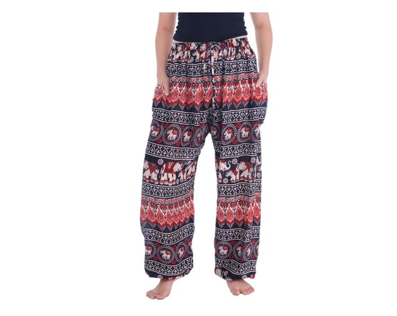 Red Boho Yoga Pants Hippies Gypsy Massage Elephants Print Beach