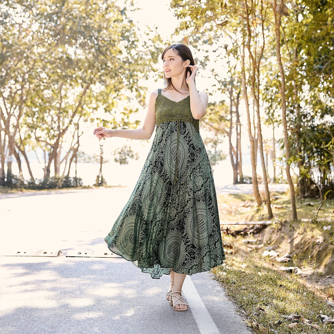 Green Crochet Top Bohemian Dress: Rayon Sundress, Hippie Clothes