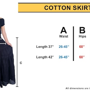 May include: A black cotton skirt with multiple tiers. The skirt is shown with measurements for waist, hips, and total length in inches. The measurements are 26-45 inches for the waist, 60 inches for the hips, and 37 or 42 inches for the total length.