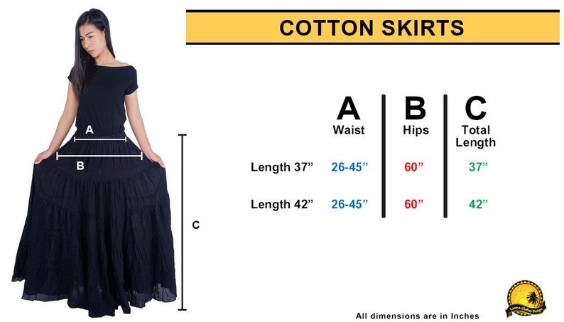 May include: A black cotton skirt with multiple tiers. The skirt is shown with measurements for waist, hips, and total length in inches. The measurements are 26-45 inches for the waist, 60 inches for the hips, and 37 or 42 inches for the total length.