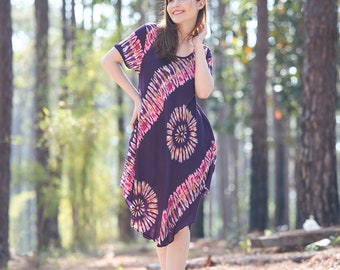 Handmade Rayon Boho Dress with Pockets - Purple Printed Festival Sundress