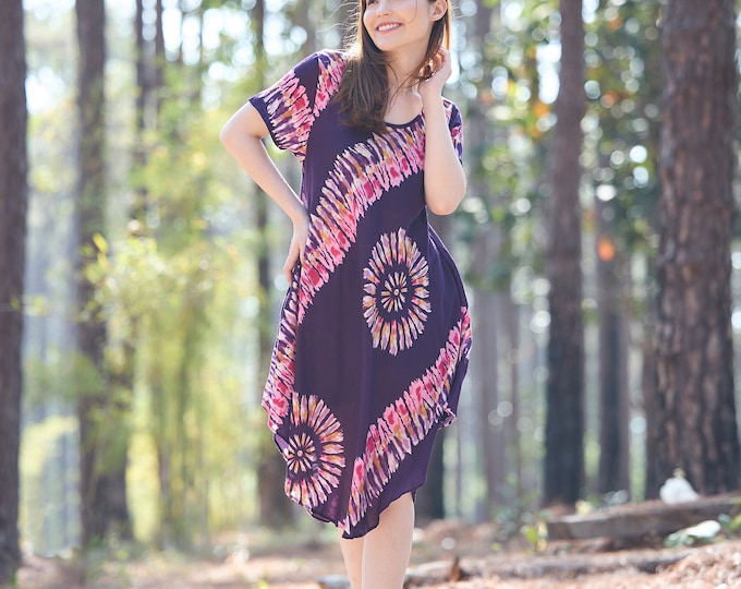 Handmade Rayon Boho Dress with Pockets - Purple Printed Festival Sundress