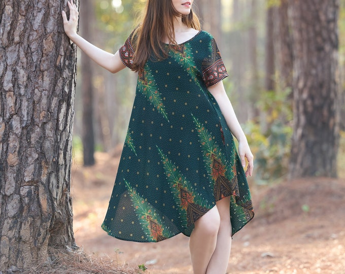 Boho Rayon Sundress with Pockets: Green Peacock Print Festival Dress