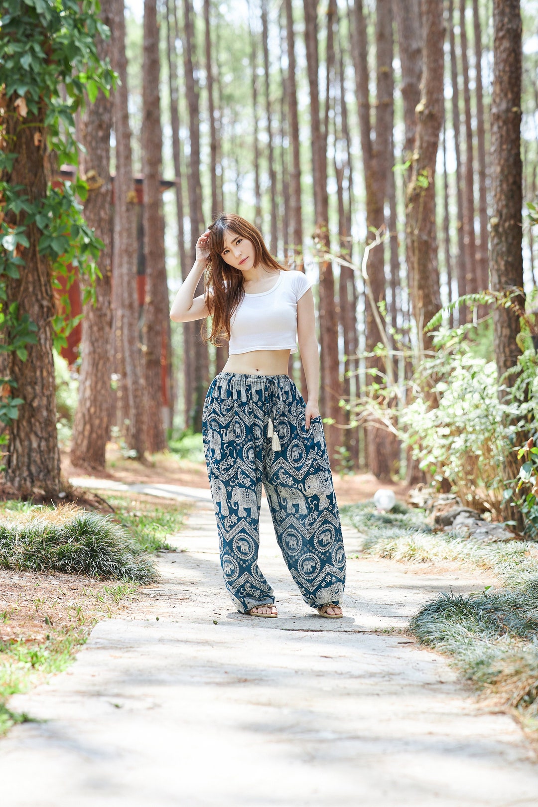 Teal Elephant Harem Pants: Handmade Rayon Boho Yoga Trousers UK