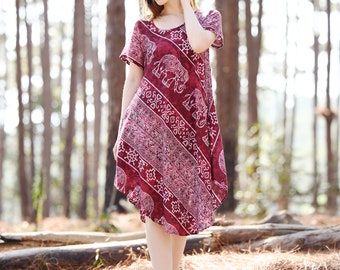 Boho Hippie Dress with Pockets ~ Indian Style Sundress with Burgundy Elephant Print ~ Knee Length Summer Dress for Beach Cover Up