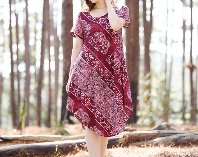 Boho Rayon Dress with Pockets: Burgundy Elephant Print, Knee Length