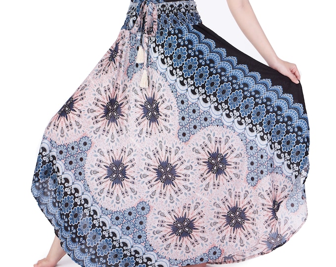 Boho Rayon Maxi Skirt: Smocked Waist, Tassel Drawstring, Plus Size