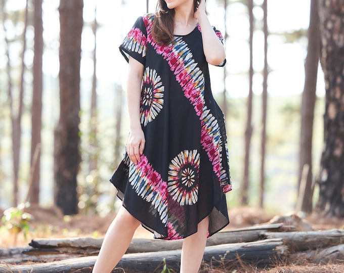 Black Rayon Boho Dress: Festival Sundress with Pockets