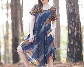 Dark Blue Peacock Print Dress with Pockets ~ Boho Rayon Sundress with Short Sleeve ~ Hippie Dress for Festival Costume