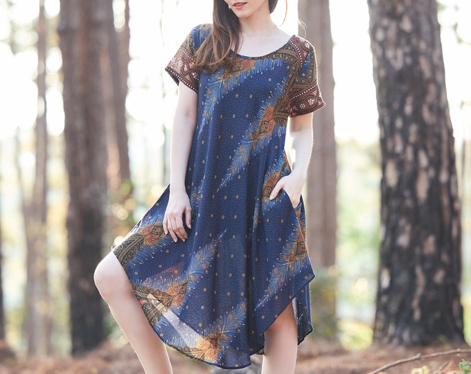 Boho Rayon Sundress: Dark Blue Peacock Print Dress with Pockets