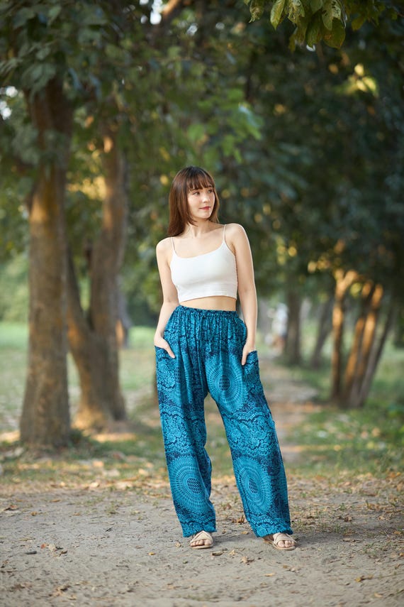 Teal Boho Pants Women – Womens Floral Harem Pants – Drawstring