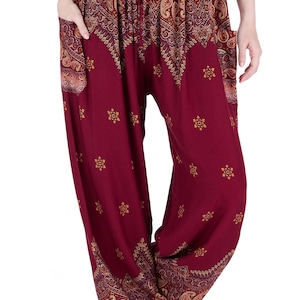 Türkisfarbene Haremshose im Sommer-Festival-Stil – Plus-Size-Hose mit Kordelzug, beste Boho-Damenbekleidung – Thai-Yoga-Jogginghose für Burning Man Burgundy