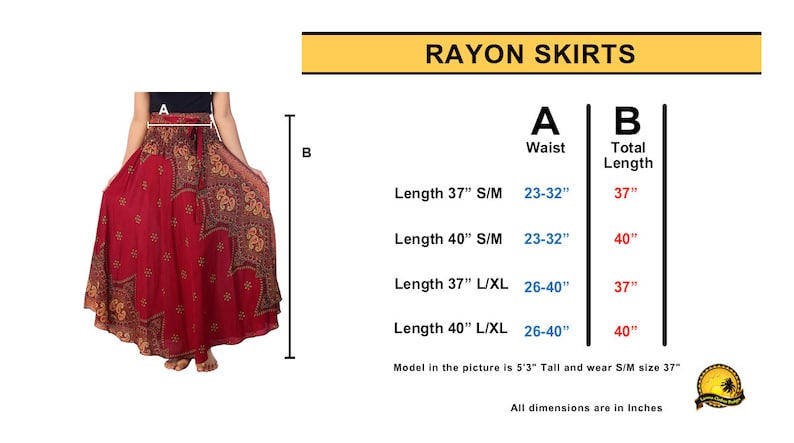 May include: A red rayon skirt with a gold and black paisley print. The skirt is available in two lengths, 37 inches and 40 inches, and two waist sizes, 23-32 inches and 26-40 inches. The model in the picture is 5'3" tall and wearing a size S/M in the 37-inch length.