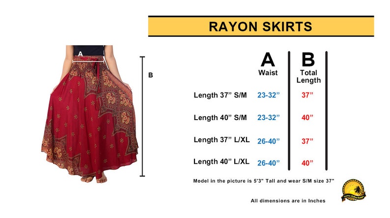 Pode incluir: Uma saia de rayon vermelha com estampa paisley dourada e preta. A saia est&aacute; dispon&iacute;vel em dois comprimentos, 94 cm e 102 cm, e dois tamanhos de cintura, 58-81 cm e 66-102 cm. A modelo na foto tem 1,60 m de altura e usa um tamanho S/M no comprimento de 94 cm.