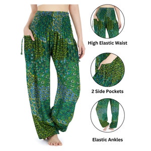 Green Peacock Boho Pants for Women Harem Pants High Waist Flowy Pants Comfy Summer Thai Pants Sweatpants Joggers Women Pants for Yoga image 5